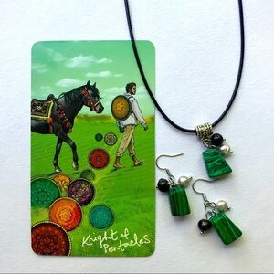 Sheila ~Knight of Pentacles~ Malachite & Fresh Water Pearls Pendant+Earrings Set